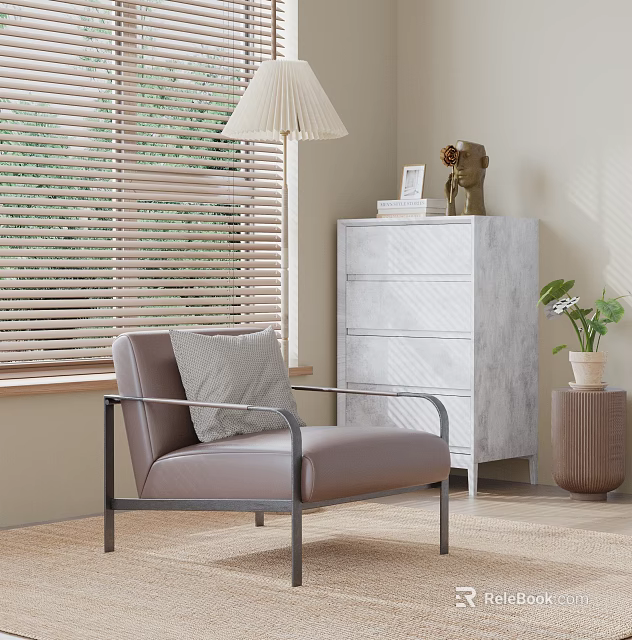 Single Leather Sofa With Metal Frame Near Marble Chest Floor Lamp And Blinds 3d model 