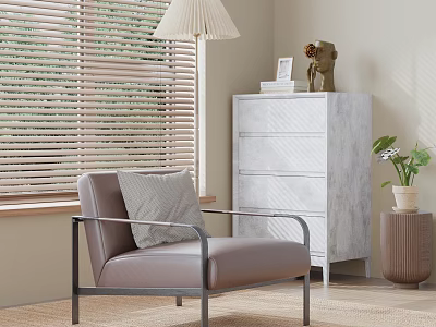 Single Leather Sofa With Metal Frame Near Marble Chest Floor Lamp And Blinds 3d model