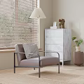Single Leather Sofa With Metal Frame Near Marble Chest Floor Lamp And Blinds