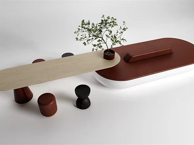 Modern Public Chair Design With Wooden Surface Small Plant And Colorful Support Legs 3d model