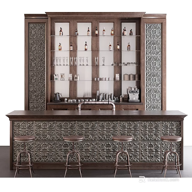 Decorative Bar Counter With Wooden Shelves Glasses And Metal Stools 3d model 