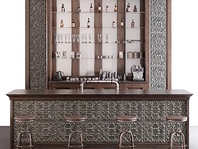 Decorative Bar Counter With Wooden Shelves Glasses And Metal Stools 3d model