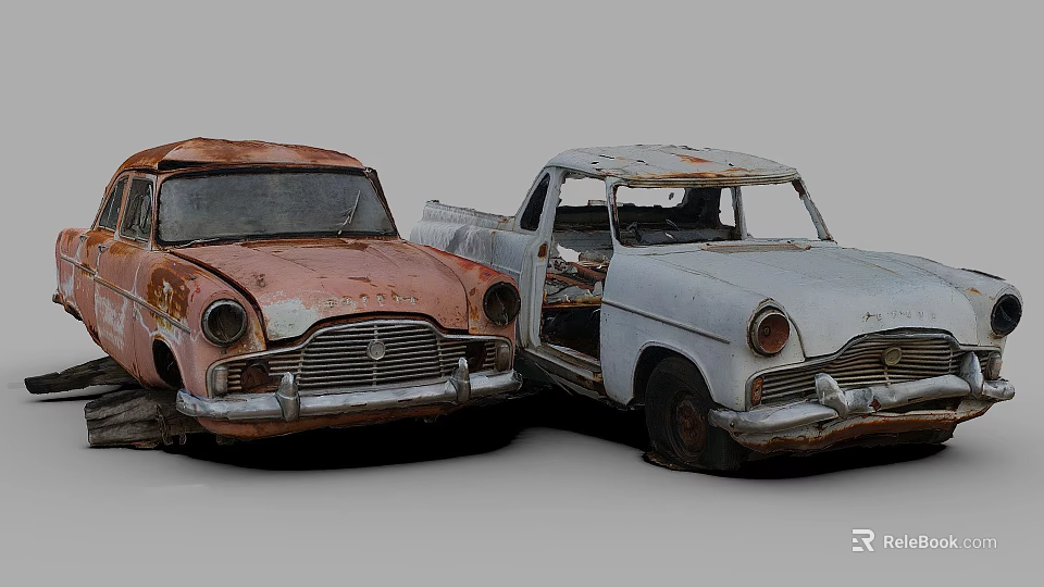 Two Rusty Old Cars With Open Doors And Abandoned Worn Out Look 3d model 