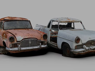 Two Rusty Old Cars With Open Doors And Abandoned Worn Out Look 3d model