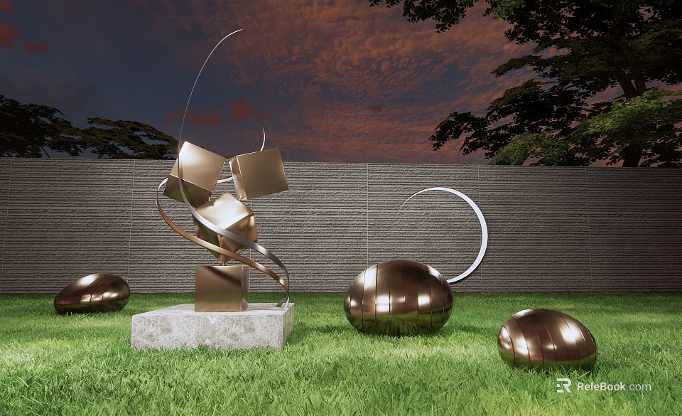 Landscape Sculpture With Bronze Cubes Spheres Curved Metal Structure On Grass Lawn Against Brick Wall 3d model 