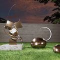 Landscape Sculpture With Bronze Cubes Spheres Curved Metal Structure On Grass Lawn Against Brick Wall