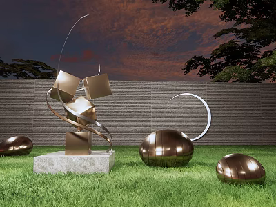 Landscape Sculpture With Bronze Cubes Spheres Curved Metal Structure On Grass Lawn Against Brick Wall 3d model