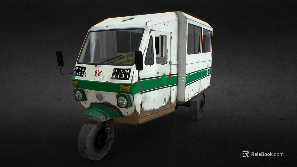 Vintage White And Green Three Wheeled Vehicle With Aged Exterior Side Windows And Front Signs 3d model 