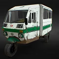 Vintage White And Green Three Wheeled Vehicle With Aged Exterior Side Windows And Front Signs