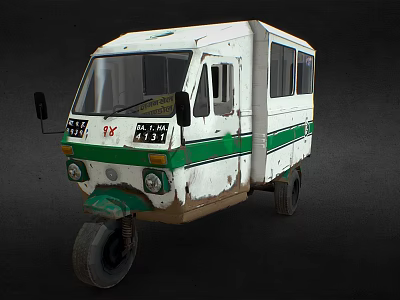 Vintage White And Green Three Wheeled Vehicle With Aged Exterior Side Windows And Front Signs 3d model