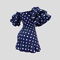 Navy Blue White Polka Dot Dress Off Shoulder Design With Ruffled Sleeves And Hem