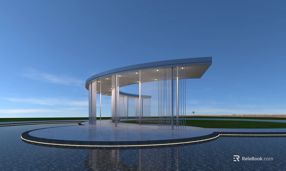 Modern Curved Pergola With White Columns Metal Strips And Water Reflection 3d model 