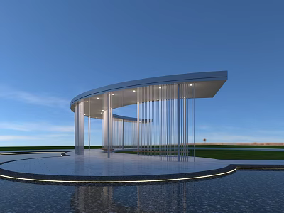 Modern Curved Pergola With White Columns Metal Strips And Water Reflection 3d model