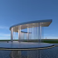 Modern Curved Pergola With White Columns Metal Strips And Water Reflection