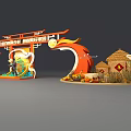 Traditional Style Event Gateway With Red Gold Decorations And Wave Patterns 3d model