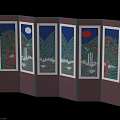 Traditional Oriental Folding Screen with Mountain Water Pine Tree Moon and Sun Design