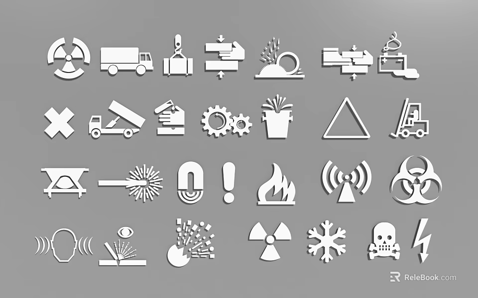 Safety Warning Hazard Icons Set With Radiation Fire And Biohazard Symbols 3d model 