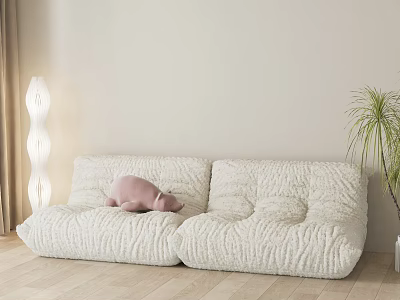 Plush White Double Sofa with Floor Lamp and Indoor Plant in Modern Living Room Interior 3d model