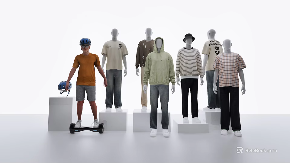 Multiple People Wearing Different Shirts Hoodies And Pants With Display Stands Helmet And Hoverboard 3d model 