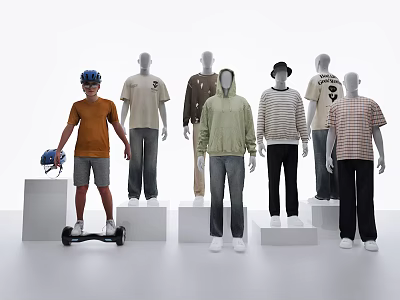 Multiple People Wearing Different Shirts Hoodies And Pants With Display Stands Helmet And Hoverboard 3d model