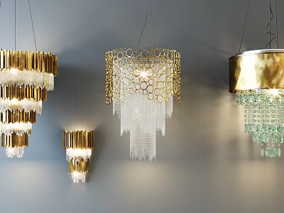 Modern Lighting Combinations With Gold Frames Crystal Tassels And Green Beads 3d model