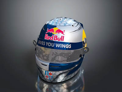 Weapon Helmet Red Bull Gives You Wings Silver Blue Metallic Reflective Design 3d model