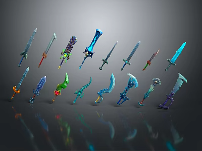 Diverse 3D Rendered Weapons Collection With Swords Daggers And Colorful Designs 3d model