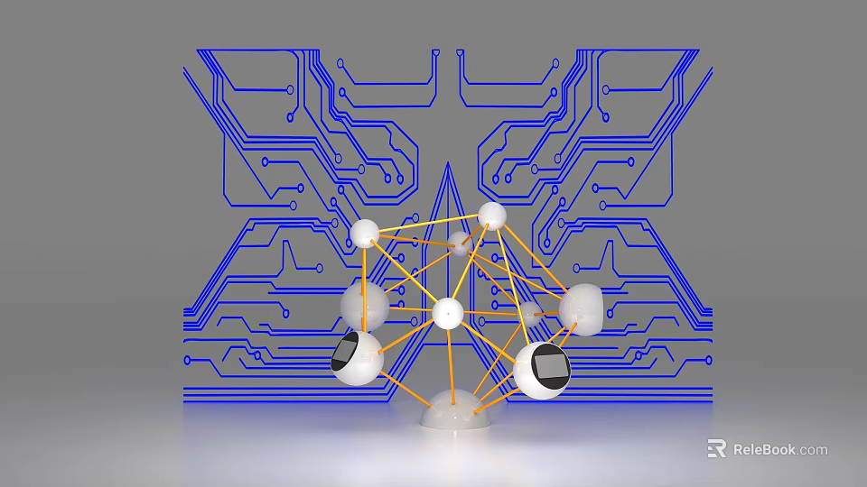 Blue Circuit Board Pattern Lines With Yellow Connected White Spheres And Black Circles 3d model 