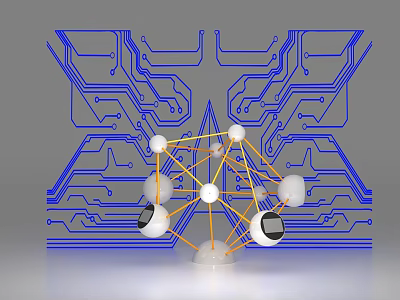 Blue Circuit Board Pattern Lines With Yellow Connected White Spheres And Black Circles 3d model