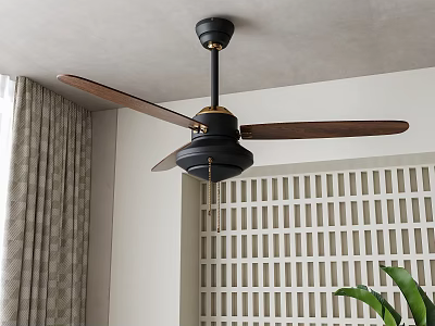 Ceiling Fan With Wooden Blades And Black Finish In Room 3d model