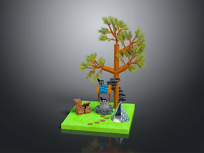 Miniature Camping Scene With Pine Tree Blue Tent Stone Steps And Black Cat 3d model