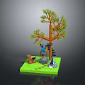 Miniature Camping Scene With Pine Tree Blue Tent Stone Steps And Black Cat