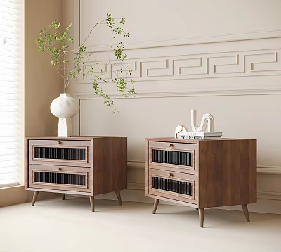 Cozy Wooden Nightstands With Drawers And Decor In Light Room With Plant And Natural Light 3d model
