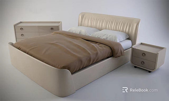 Double Bed with Beige Headboard Brown Comforter White Pillows and Beige Nightstands with Drawers 3d model 