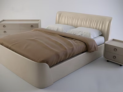 Double Bed with Beige Headboard Brown Comforter White Pillows and Beige Nightstands with Drawers 3d model