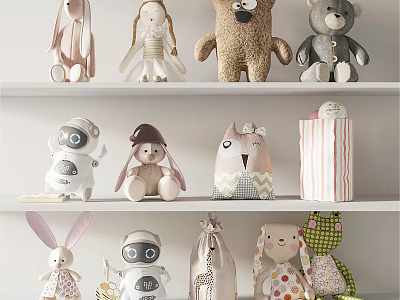 Adorable Stuffed Toys on Shelves with Rabbit Bear Robot Owl and Patterned Designs 3d model