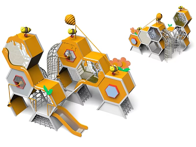 Honeycomb Themed Play Equipment With Yellow Structures Slides And Climbing Features For Kids 3d model