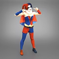 Game Movie Character In Red Blue Costume With Pigtails And Clown Makeup Gesturing Hands