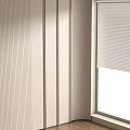 Modern Light Tone Vertical Stripe Background Wall With Window Blinds And Wooden Floor