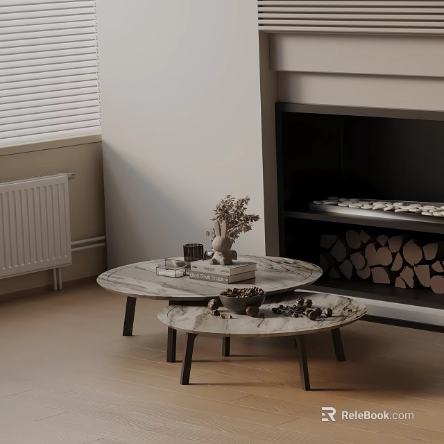 Modern Minimalist Marble Coffee Table Set With Fireplace Firewood And Decorative Items 3d model 