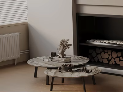 Modern Minimalist Marble Coffee Table Set With Fireplace Firewood And Decorative Items 3d model