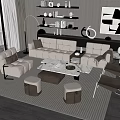 Modern Living Room Interior With Sofa Coffee Table Set Ottomans Chairs Artwork And Shelves