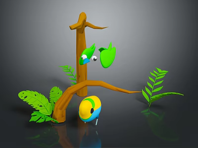 Colorful 3D Animated Bird Characters Perched on Tree Branch With Green Leaves 3d model