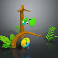 Colorful 3D Animated Bird Characters Perched on Tree Branch With Green Leaves