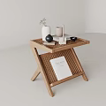 Minimalist Wooden Side Table with X Shaped Legs Grid Top Featuring Vase Candle and Book