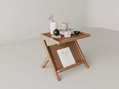 Minimalist Wooden Side Table with X Shaped Legs Grid Top Featuring Vase Candle and Book 3d model