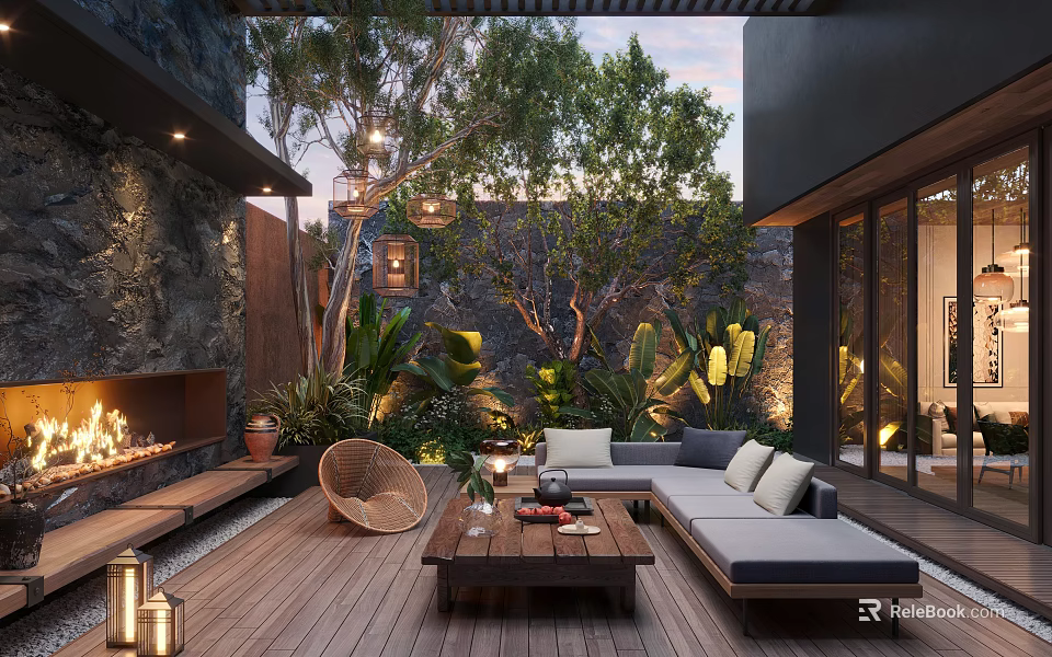 Cozy Courtyard Garden With Wooden Deck Sofa Coffee Table Fireplace Lush Green Plants And Lanterns 3d model 