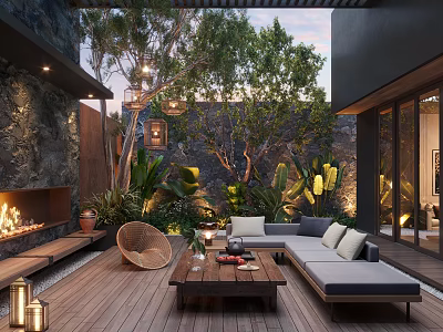 Cozy Courtyard Garden With Wooden Deck Sofa Coffee Table Fireplace Lush Green Plants And Lanterns 3d model