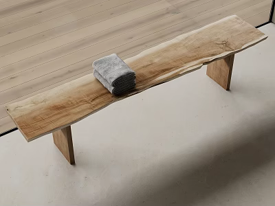 Natural Wooden Bench With Gray Folded Items On Light Colored Floor 3d model