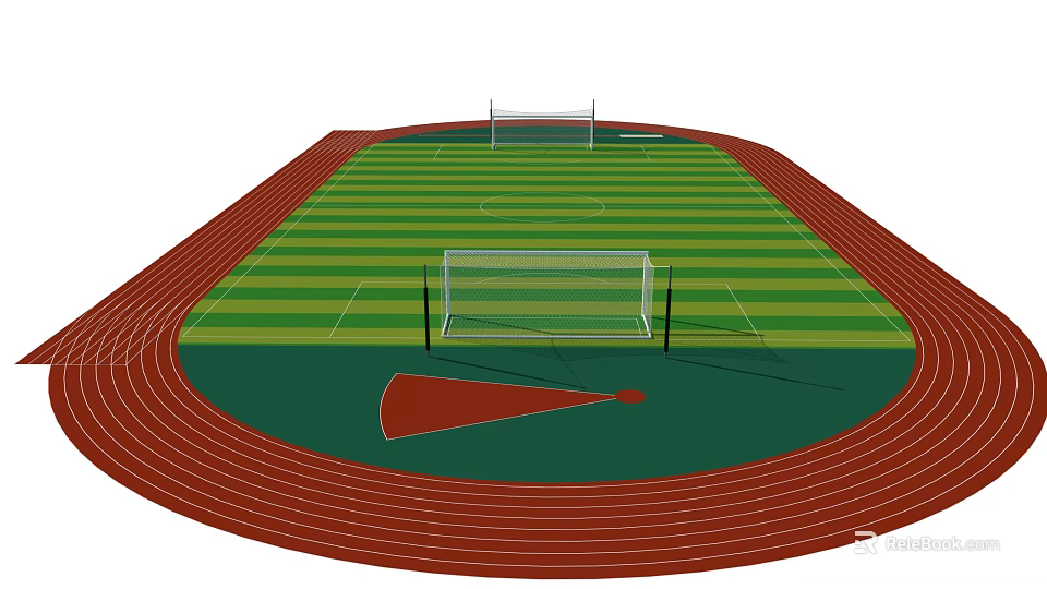 Outdoor Sports Fitness Venue With Red Running Track Football Field And Goalposts 3d model 